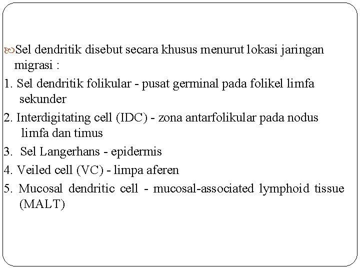  Sel dendritik disebut secara khusus menurut lokasi jaringan migrasi : 1. Sel dendritik