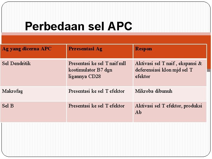 Perbedaan sel APC Ag yang dicerna APC Prresentasi Ag Respon Sel Dendritik Presentasi ke