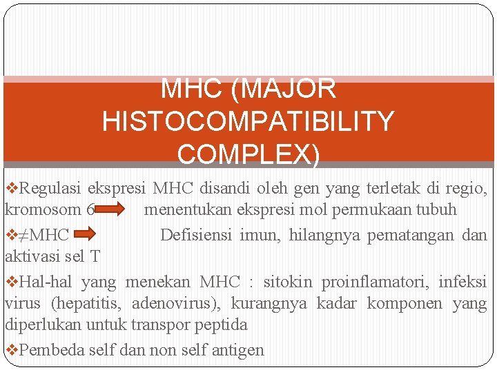 MHC (MAJOR HISTOCOMPATIBILITY COMPLEX) v. Regulasi ekspresi MHC disandi oleh gen yang terletak di