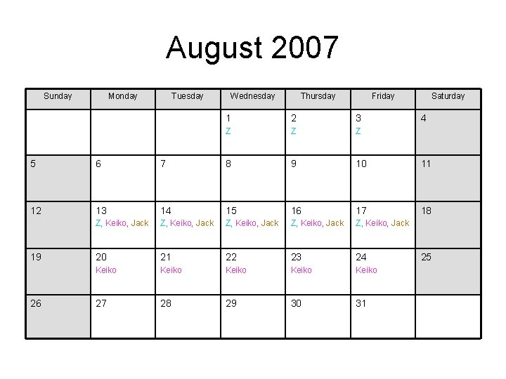 August 2007 Sunday Monday Tuesday Wednesday Thursday Friday 1 2 3 Z Z Z