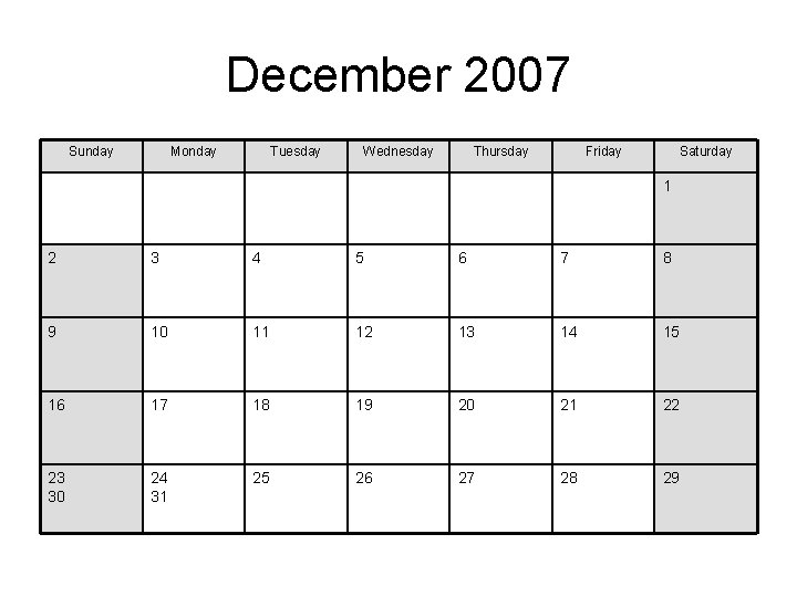 December 2007 Sunday Monday Tuesday Wednesday Thursday Friday Saturday 1 2 3 4 5