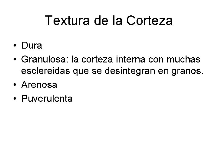 Textura de la Corteza • Dura • Granulosa: la corteza interna con muchas esclereidas