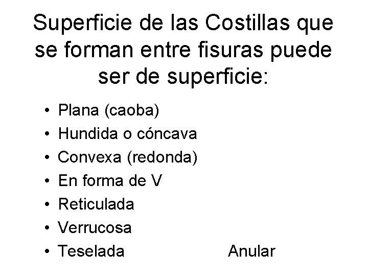 Superficie de las Costillas que se forman entre fisuras puede ser de superficie: •