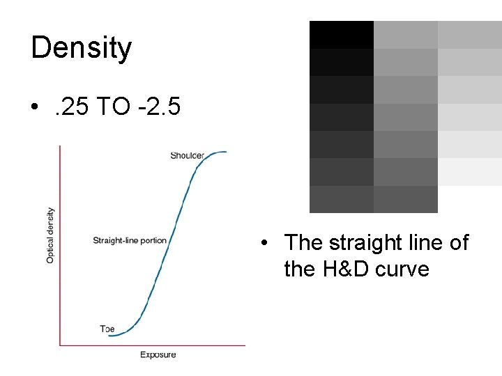 Density • . 25 TO -2. 5 • The straight line of the H&D