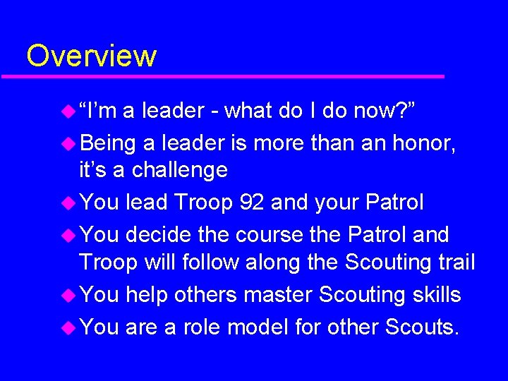 Overview “I’m a leader - what do I do now? ” Being a leader