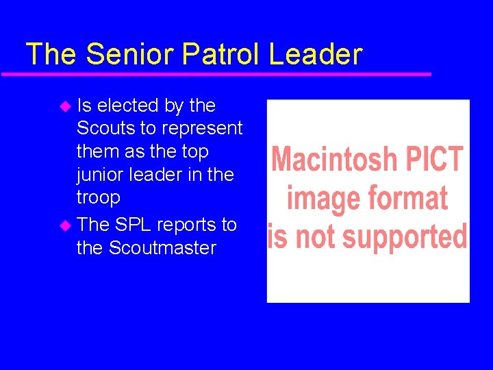 The Senior Patrol Leader Is elected by the Scouts to represent them as the