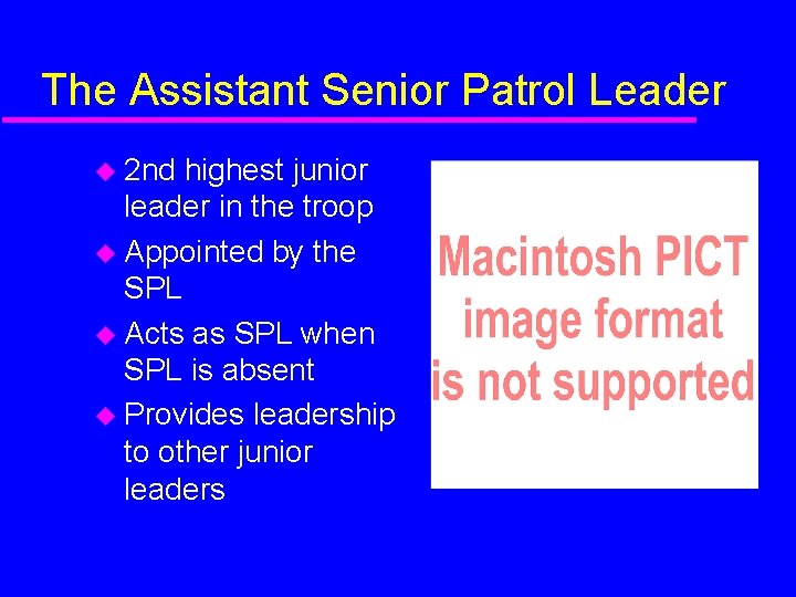 The Assistant Senior Patrol Leader 2 nd highest junior leader in the troop Appointed