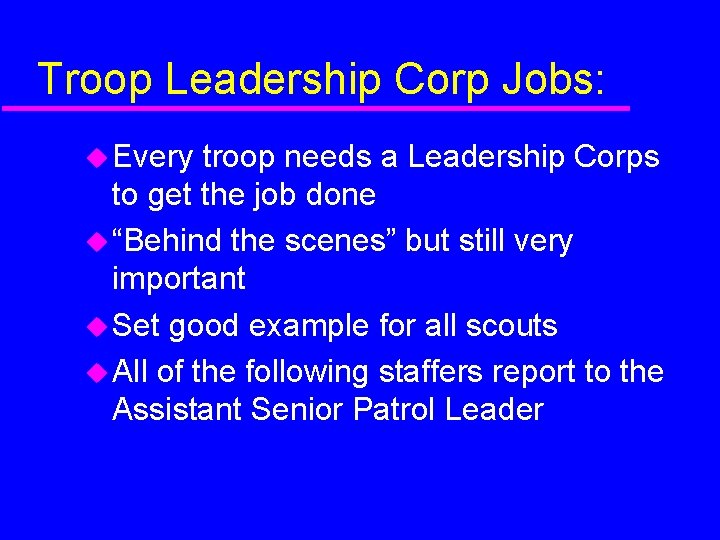 Troop Leadership Corp Jobs: Every troop needs a Leadership Corps to get the job