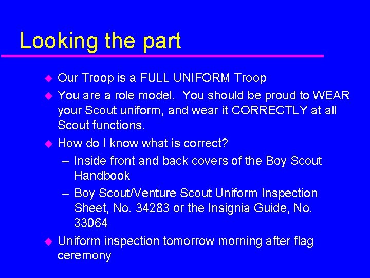 Looking the part Our Troop is a FULL UNIFORM Troop You are a role