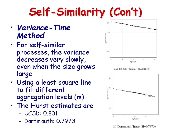 Self-Similarity (Con’t) • Variance-Time Method • For self-similar processes, the variance decreases very slowly,