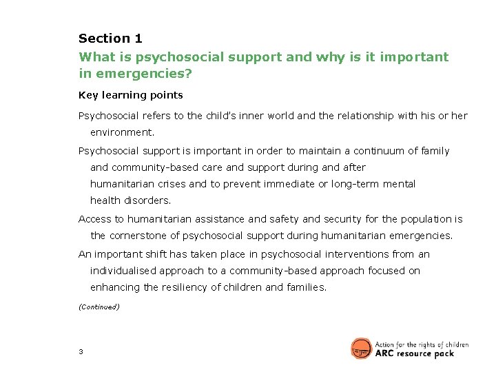 Section 1 What is psychosocial support and why is it important in emergencies? Key