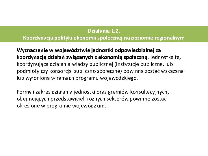 Działanie 1. 2. Koordynacja polityki ekonomii społecznej na poziomie regionalnym Wyznaczenie w województwie jednostki