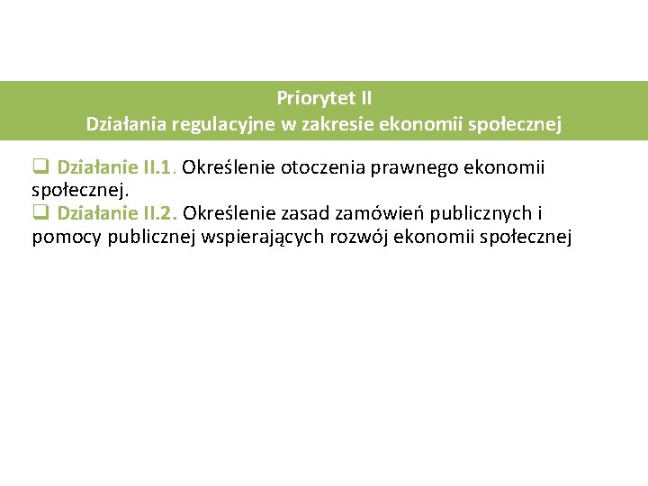 Priorytet II Działania regulacyjne w zakresie ekonomii społecznej q Działanie II. 1. Określenie otoczenia