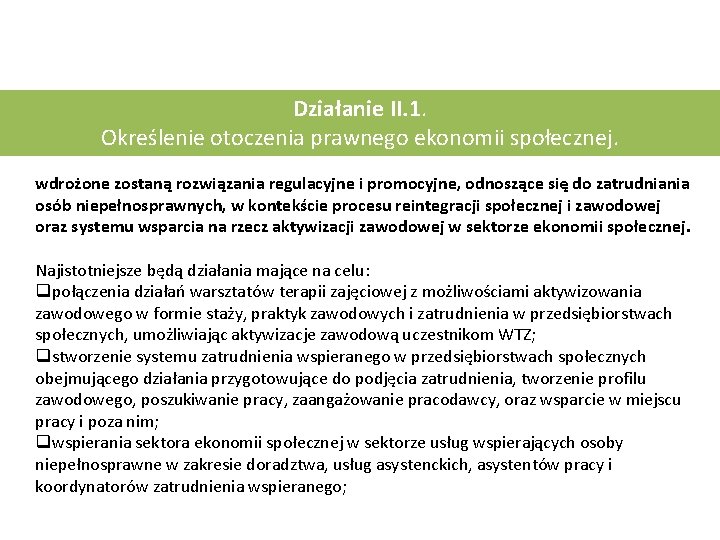 Działanie II. 1. Określenie otoczenia prawnego ekonomii społecznej. wdrożone zostaną rozwiązania regulacyjne i promocyjne,