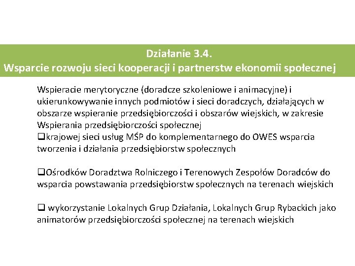 Działanie 3. 4. Wsparcie rozwoju sieci kooperacji i partnerstw ekonomii społecznej Wspieracie merytoryczne (doradcze