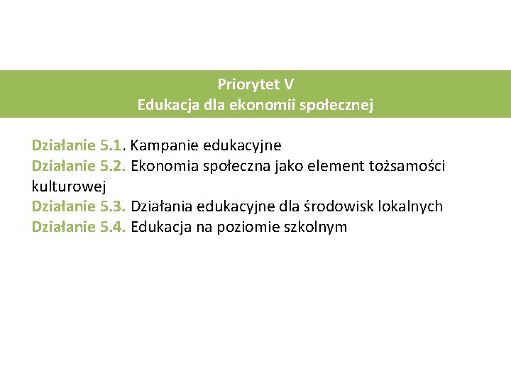 Priorytet V Edukacja dla ekonomii społecznej Działanie 5. 1. Kampanie edukacyjne Działanie 5. 2.