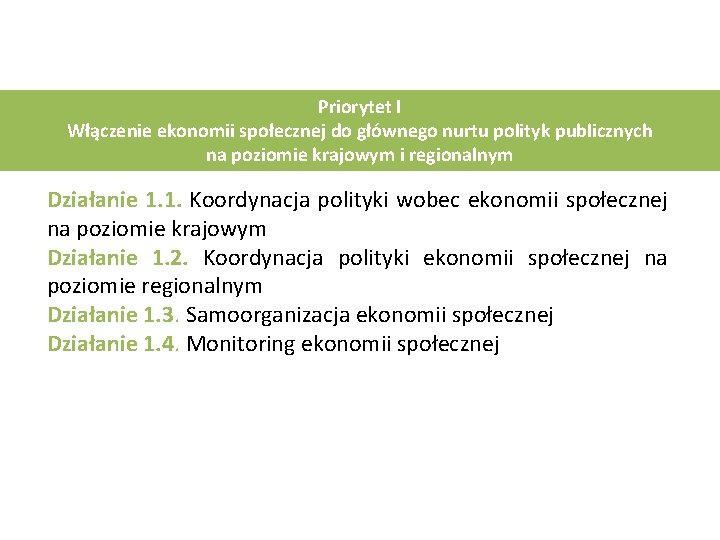 Priorytet I Włączenie ekonomii społecznej do głównego nurtu polityk publicznych na poziomie krajowym i