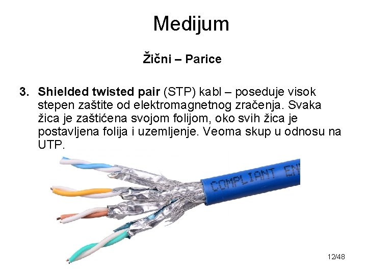 Medijum Žični – Parice 3. Shielded twisted pair (STP) kabl – poseduje visok stepen