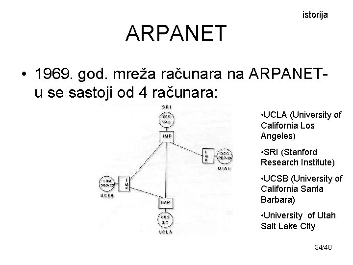 istorija ARPANET • 1969. god. mreža računara na ARPANETu se sastoji od 4 računara: