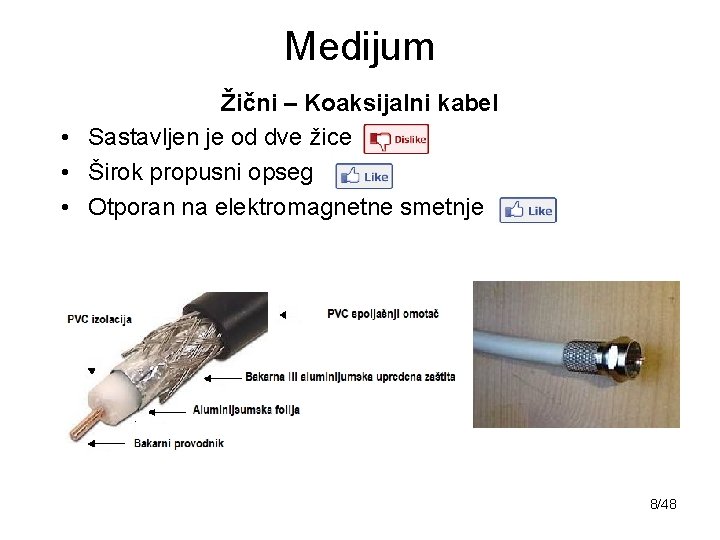 Medijum Žični – Koaksijalni kabel • Sastavljen je od dve žice • Širok propusni