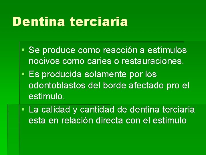 Dentina terciaria § Se produce como reacción a estímulos nocivos como caries o restauraciones.