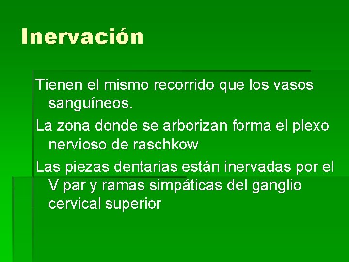 Inervación Tienen el mismo recorrido que los vasos sanguíneos. La zona donde se arborizan