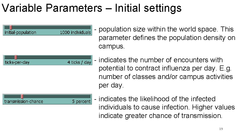 Variable Parameters – Initial settings - population size within the world space. This parameter
