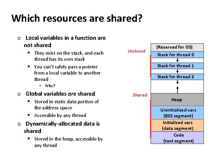 Carnegie Mellon Which resources are shared? ¢ Local variables in a function are not