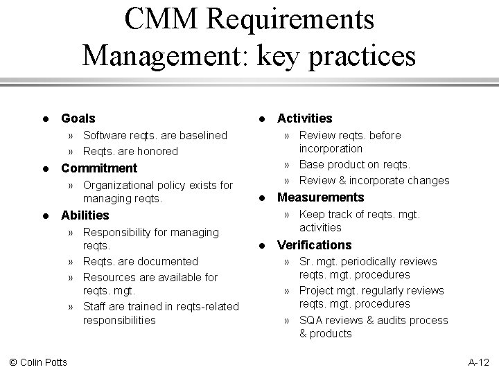 CMM Requirements Management: key practices l Goals l » Software reqts. are baselined »