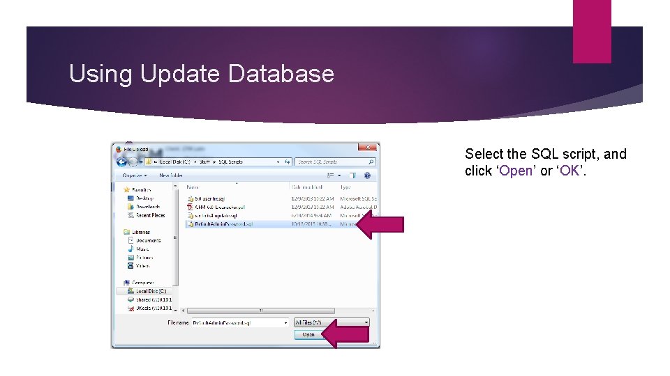 Using Update Database Select the SQL script, and click ‘Open’ or ‘OK’. 