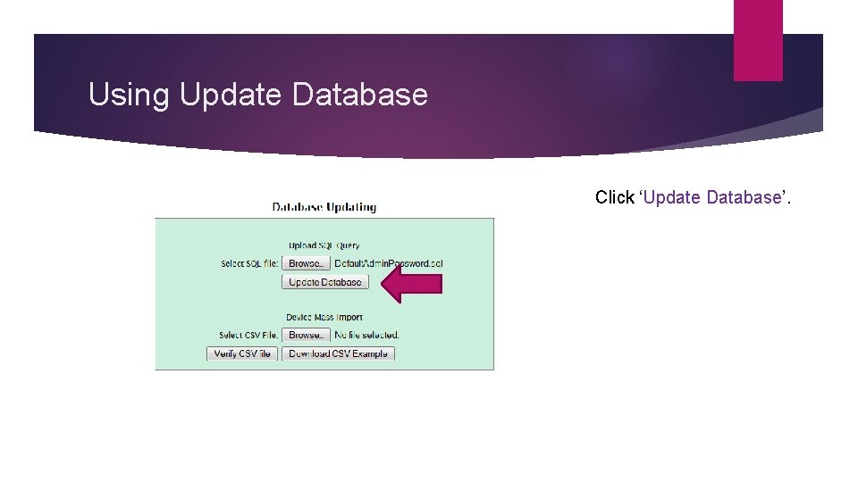 Using Update Database Click ‘Update Database’. 
