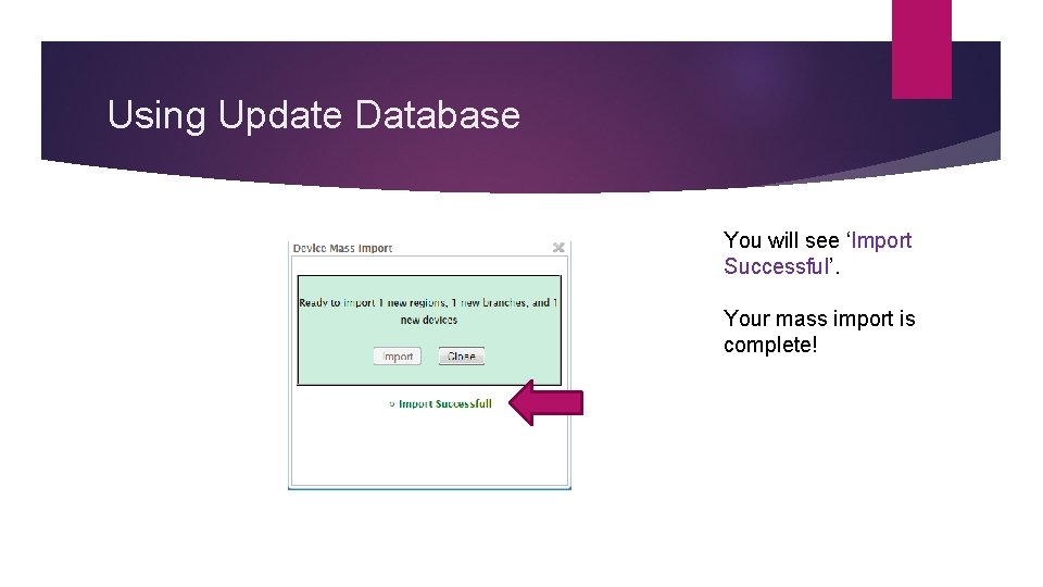 Using Update Database You will see ‘Import Successful’. Your mass import is complete! 