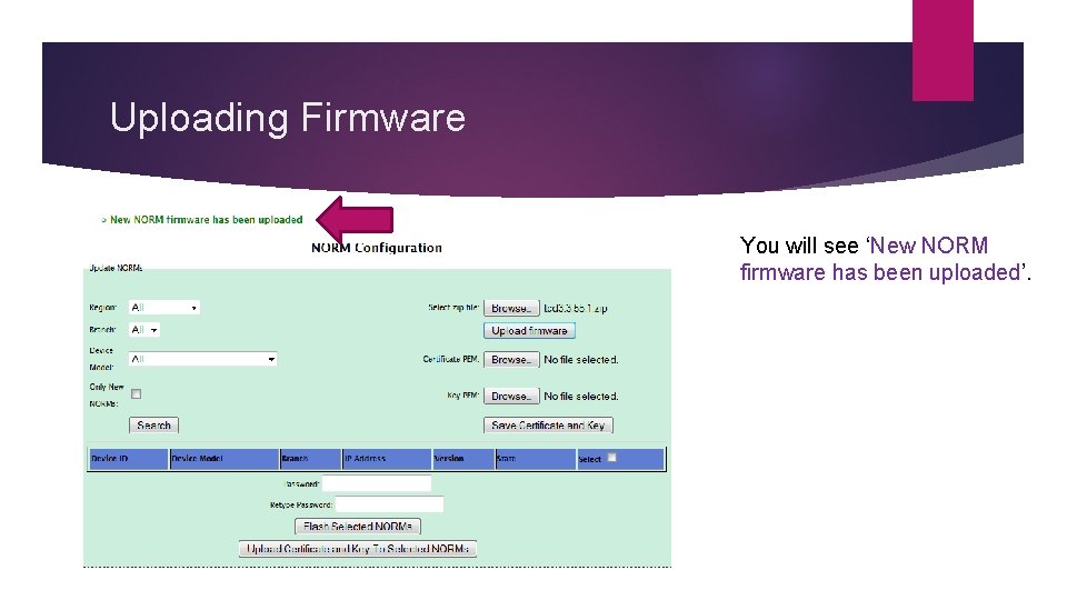 Uploading Firmware You will see ‘New NORM firmware has been uploaded’. 