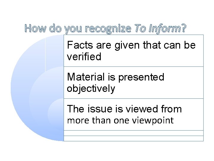 How do you recognize To Inform? Facts are given that can be verified Material