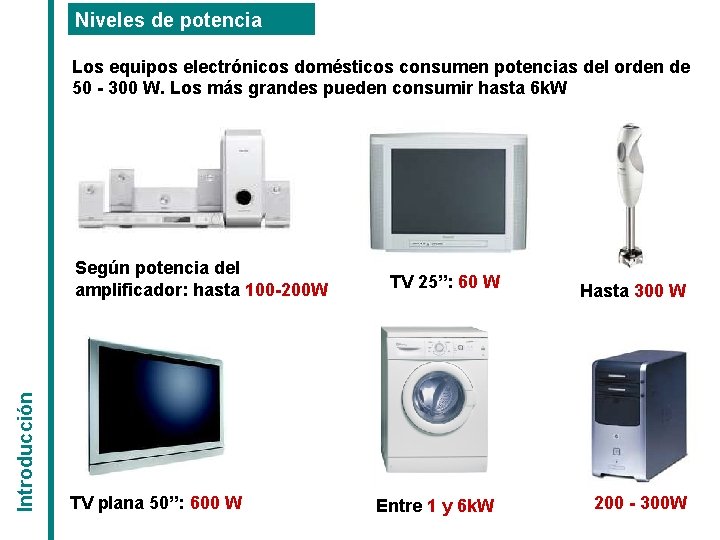 Niveles de potencia Los equipos electrónicos domésticos consumen potencias del orden de 50 - Niveles de potencia Los equipos electrónicos domésticos consumen potencias del orden de 50 -