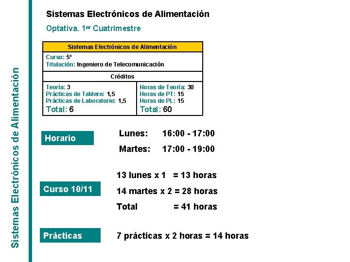 Sistemas Electrónicos de Alimentación Optativa. 1 er Cuatrimestre Sistemas Electrónicos de Alimentación Curso: 5º