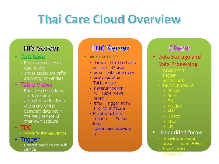 Thai Care Cloud Overview HIS Server • Database • Enormous number of data tables