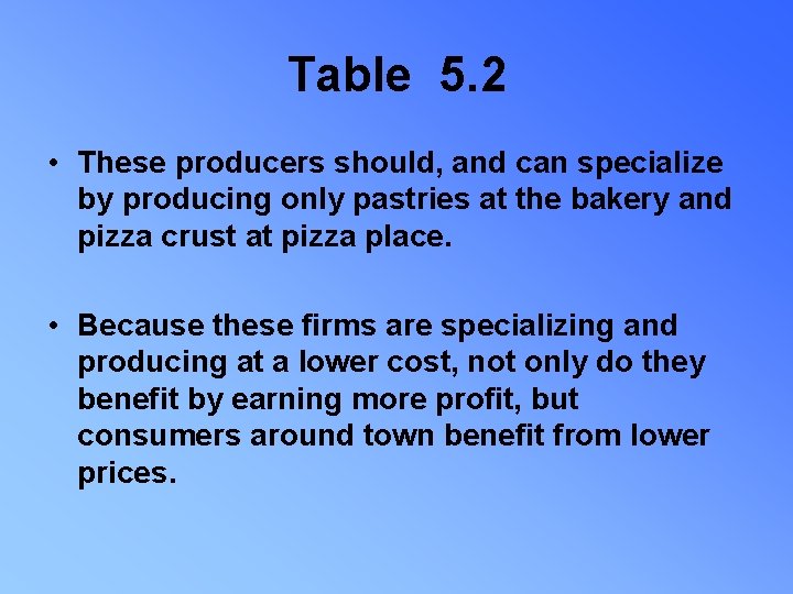 Table 5. 2 • These producers should, and can specialize by producing only pastries