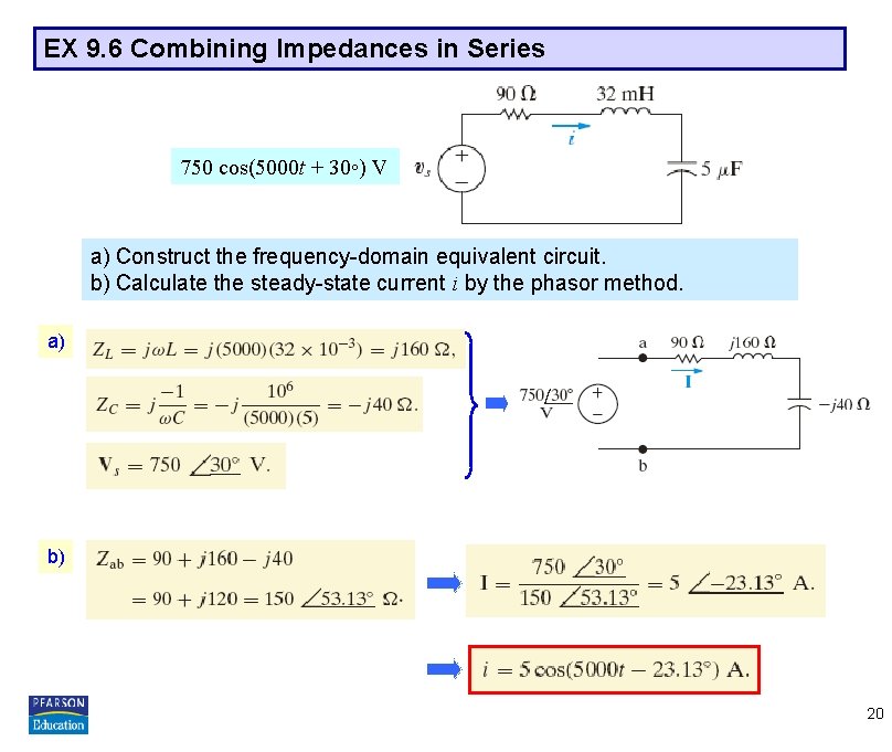 EX 9. 6 Combining Impedances in Series 750 cos(5000 t + 30◦) V a)
