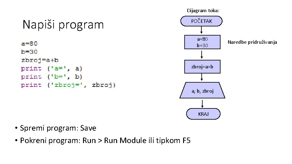 Dijagram toka: Napiši program POČETAK a=80 b=30 zbroj=a+b a, b, zbroj KRAJ • Spremi