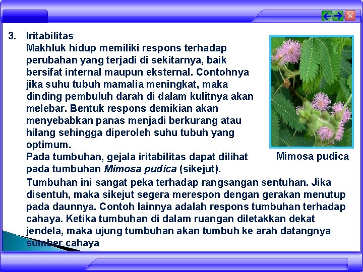 3. Iritabilitas Makhluk hidup memiliki respons terhadap perubahan yang terjadi di sekitarnya, baik bersifat