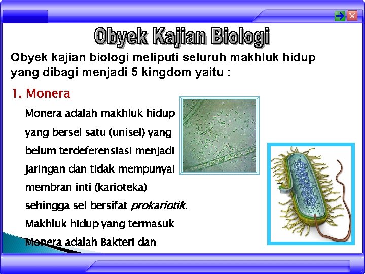 Obyek kajian biologi meliputi seluruh makhluk hidup yang dibagi menjadi 5 kingdom yaitu :