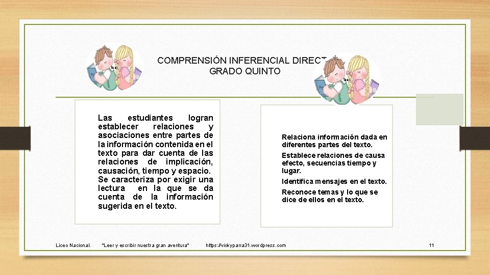 leer COMPRENSIÓN INFERENCIAL DIRECTA GRADO QUINTO leer Las estudiantes logran establecer relaciones y asociaciones