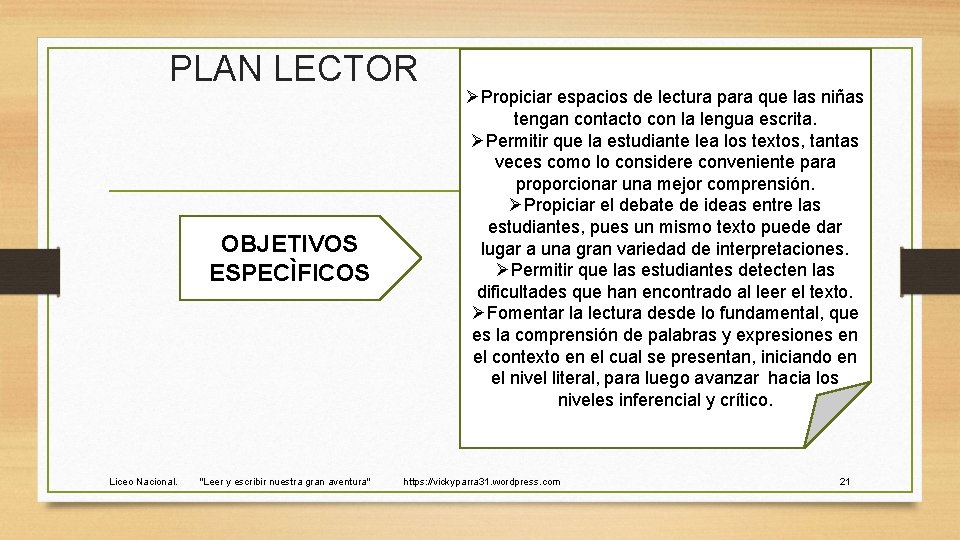 PLAN LECTOR OBJETIVOS ESPECÌFICOS Liceo Nacional. "Leer y escribir nuestra gran aventura" ØPropiciar espacios