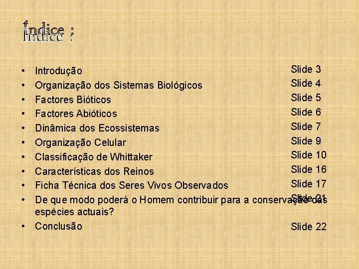 Índice : Slide 3 Introdução Slide 4 Organização dos Sistemas Biológicos Slide 5 Factores
