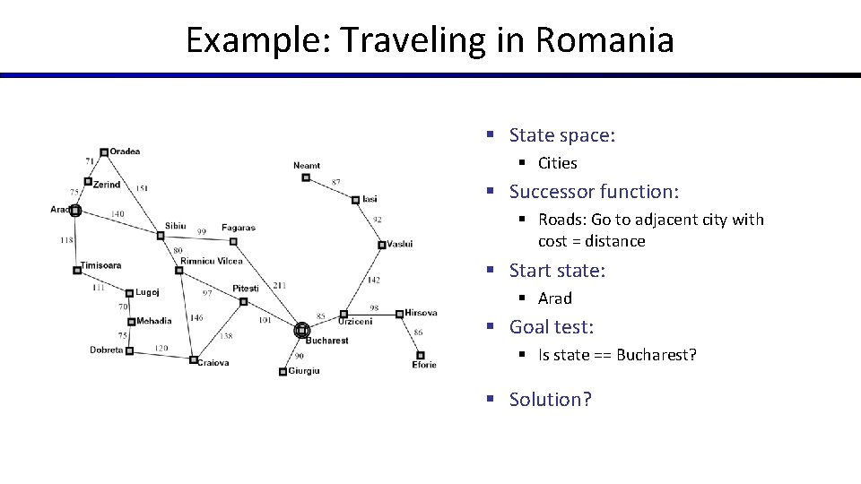 Example: Traveling in Romania § State space: § Cities § Successor function: § Roads: