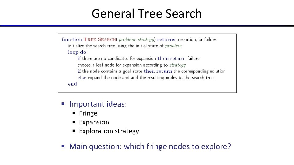 General Tree Search § Important ideas: § Fringe § Expansion § Exploration strategy §