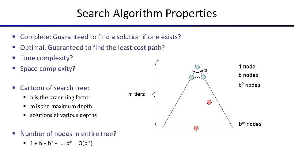 Search Algorithm Properties § § Complete: Guaranteed to find a solution if one exists?