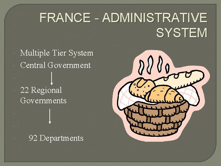 FRANCE - ADMINISTRATIVE SYSTEM Multiple Tier System Central Government 22 Regional Governments 92 Departments FRANCE - ADMINISTRATIVE SYSTEM Multiple Tier System Central Government 22 Regional Governments 92 Departments