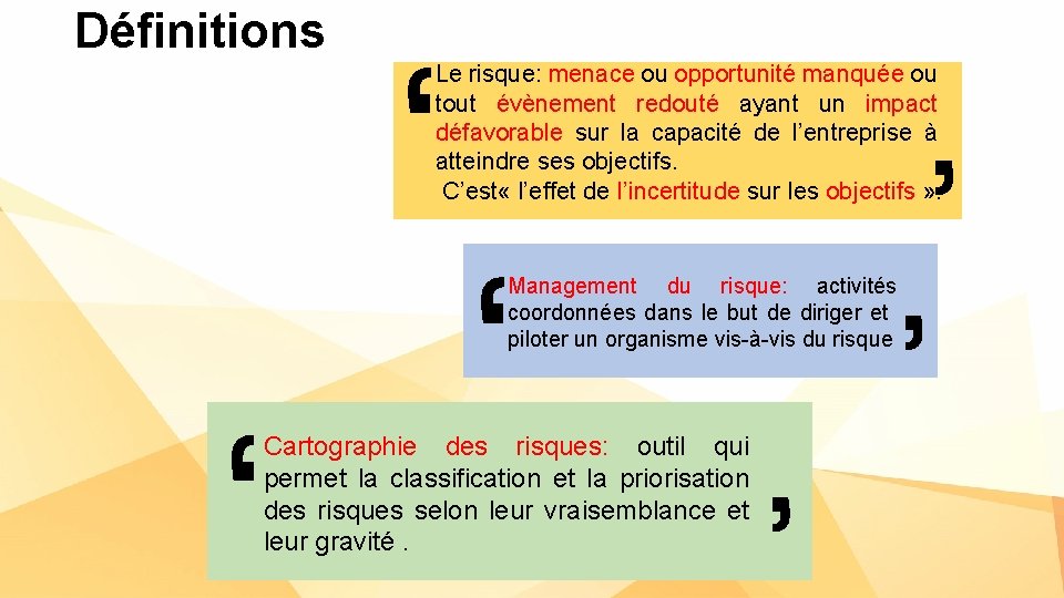 Définitions Le risque: menace ou opportunité manquée ou tout évènement redouté ayant un impact